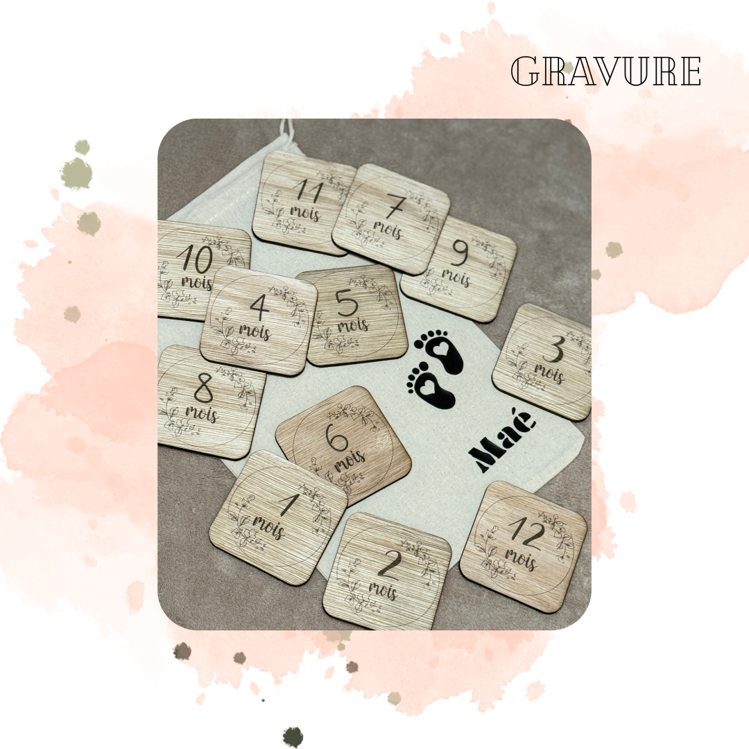 🍼 Cartes étapes bébé en bois – Lot avec pochon personnalisé